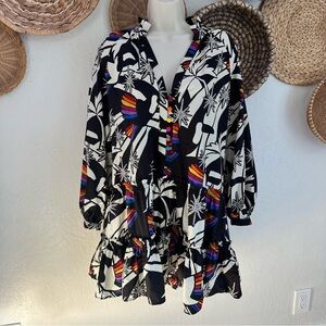 Farm Rio Toucans Wave Organic Cotton Long Sleeve Mini Dress. Size Small